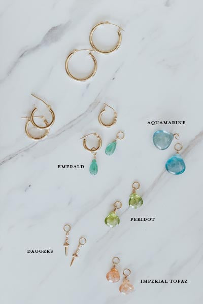 Loose charms for hoops: emerald, aquamarine, peridot, and imperial topaz, and daggers