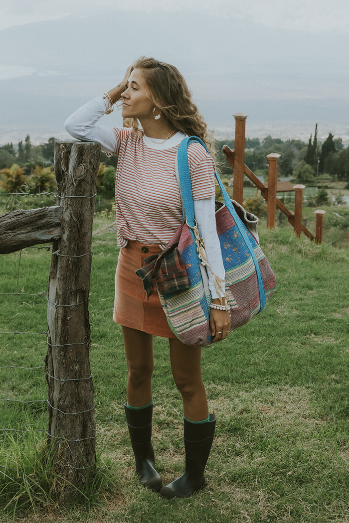 model wearing Wings Hawaii Retro Pocket A-Line Mini Skirt in Coral Corduroy