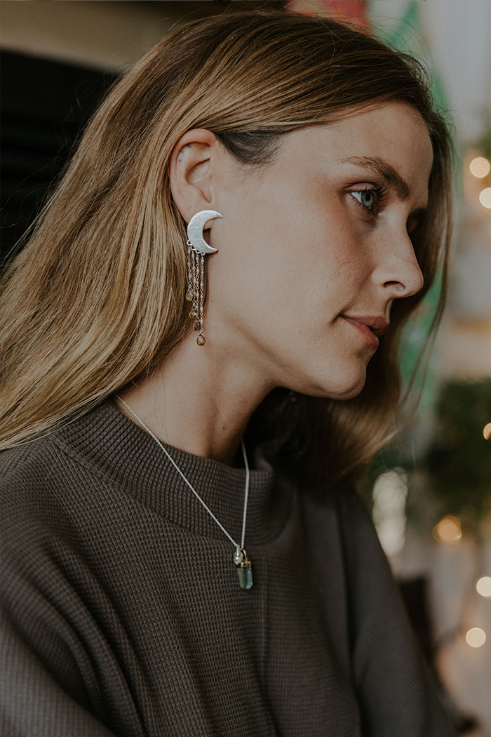 Wings Hawaii Diamonds in the Sky earrings 14K Yellow Gold Carved moon-shaped studs with diamonds and baroque pearls hanging from them