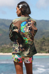 Wings Hawaii La Sirena mermaid army jacket. Handcrafted in Maui. Upcycled and hand-sewn with vintage aloha fabric. Small batch, sustainable fashion handmade in Hawaii.