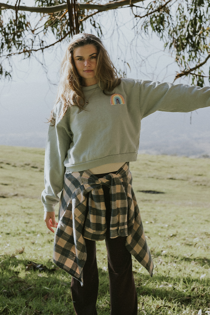 Cropped Rainbow Patch Sweatshirt - Eucalyptus