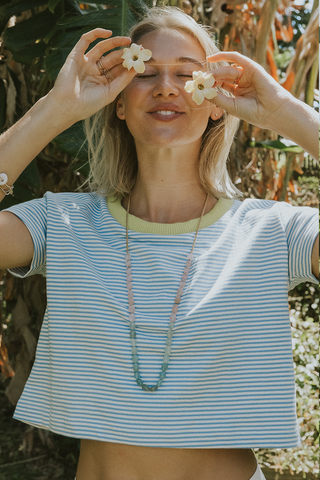 Boxy Cropped Tee - Blue and White Stripe