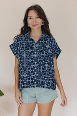 Aloha Boxy Button-up - Navy Quilted Ulu thumbnail