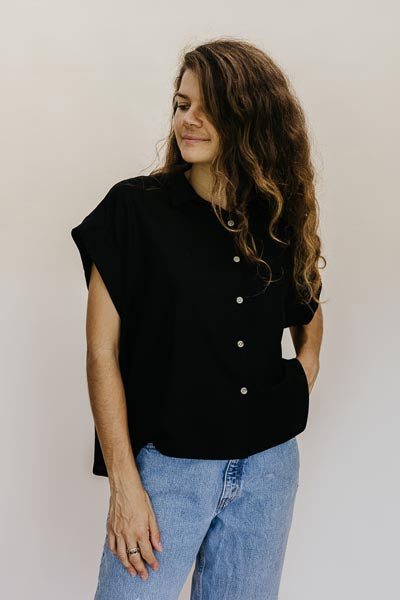 Wings Hawaii cropped boxy blouse in classic black. Sustainable women's fashion designed in Maui, sewn in Bali. 100% linen ramie. Elevated, effortless, breezy, perfect black top. 