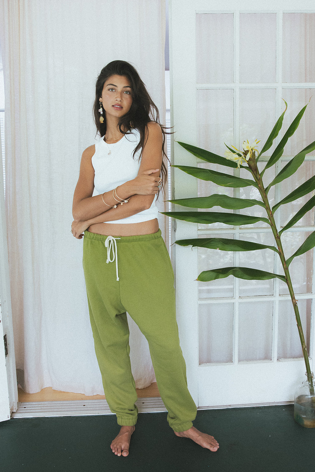 Wings Hawaii Green Joggers in 100% cotton. Designed in Maui, made in Los Angeles, USA. Small batch, sustainable, beach-inspired, elevated essentials. 