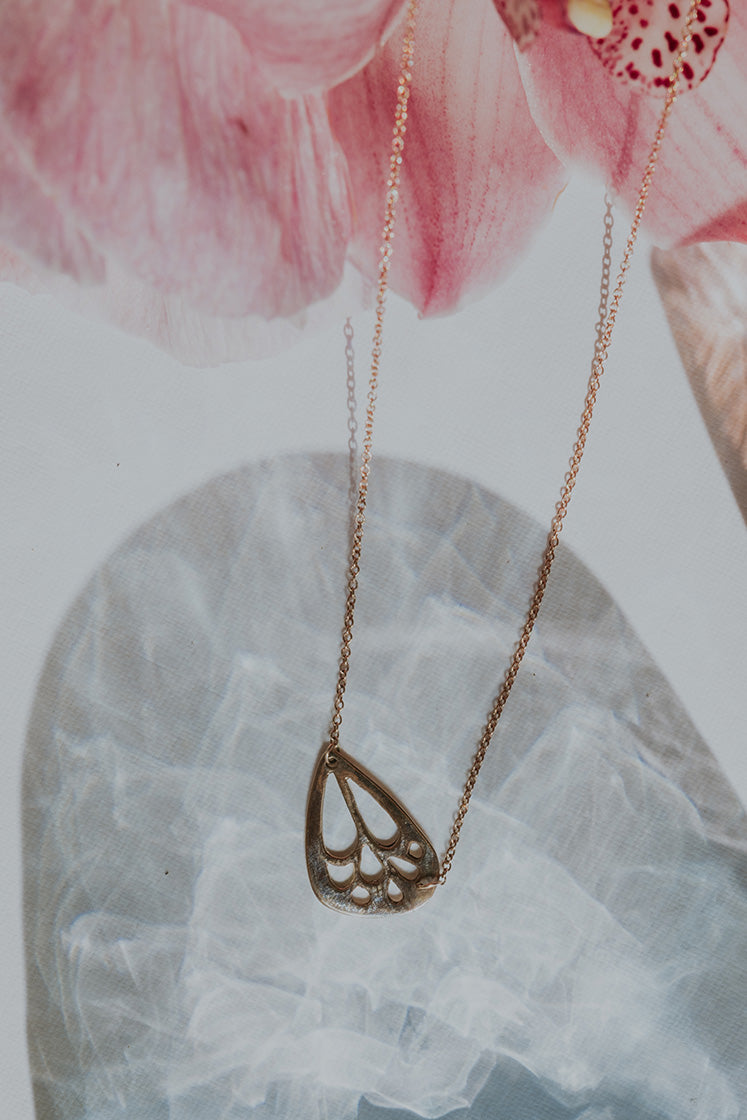 Wings Hawaii mini butterfly wing necklace in 14k rose gold. Fine jewelry handmade in Maui. 