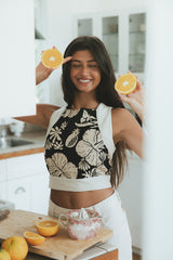 Wings Hawaii pinafore crop top in Hana Nightfall. Black and tan aloha print clothing handmade in Maui.  thumbnail