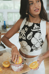Wings Hawaii pinafore crop top in Hana Nightfall. Black and tan aloha print clothing handmade in Maui.  thumbnail