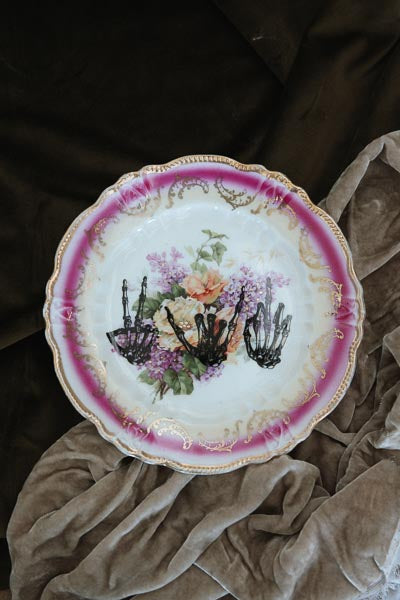 wings hawaii mixed signals - pink pop vintage plate, featuring skeleton hands in peace, shaka, and middle finger poses