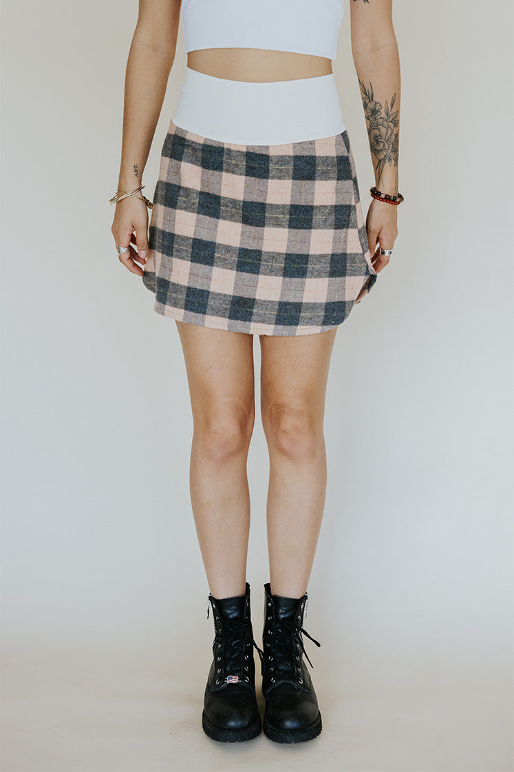 Plaid Flannel Mini Skirt - Peach & Grey