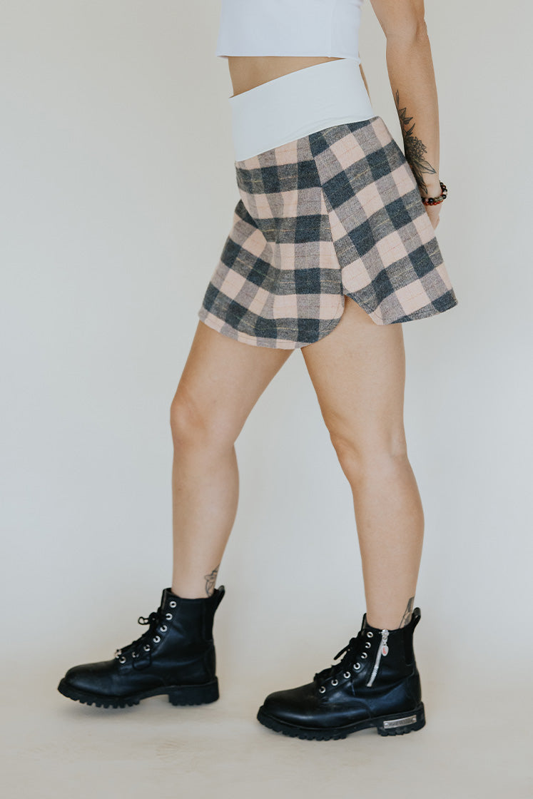 Plaid Flannel Mini Skirt - Peach & Grey