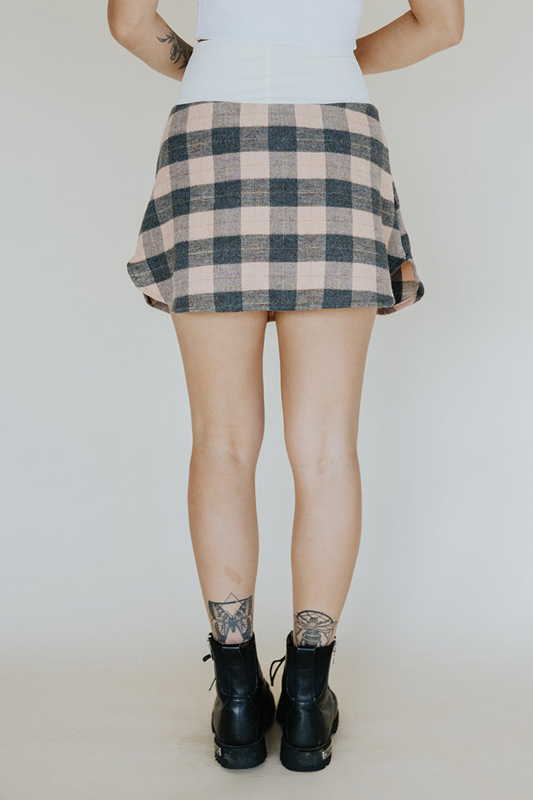 Plaid Flannel Mini Skirt - Peach & Grey