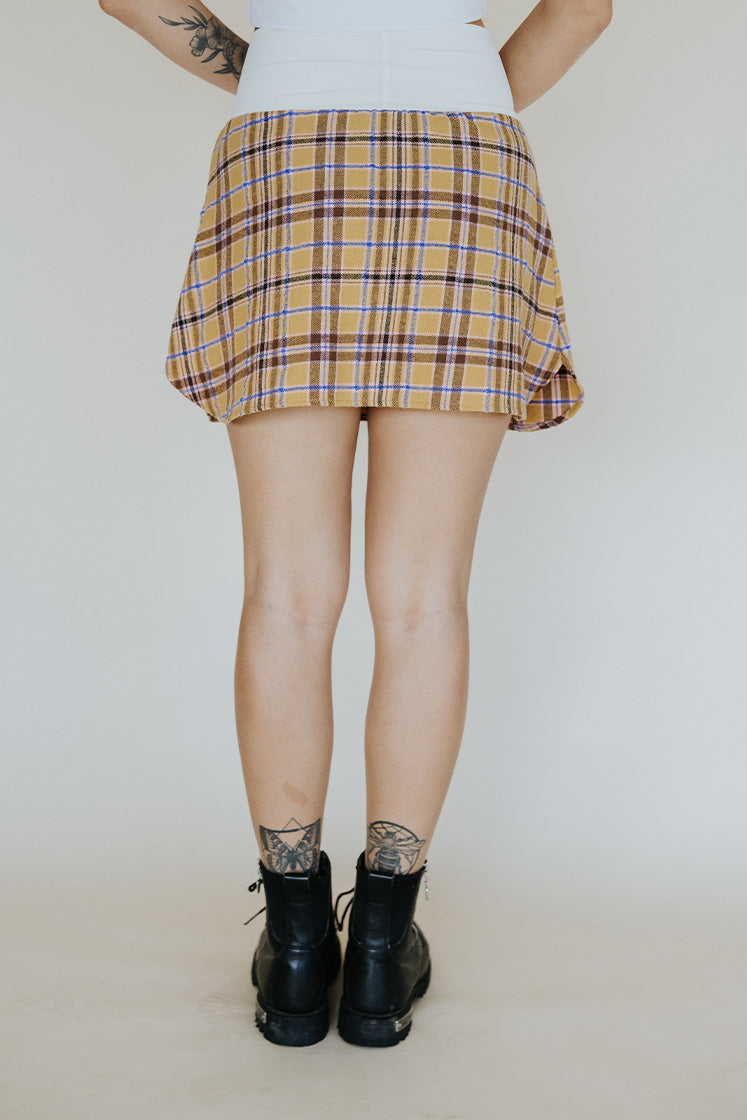Plaid Flannel Mini Skirt - Gold & Purple