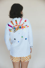 Wings Hawaii sun + moon linen blouse in white. Long sleeve shirt with side pockets. Handmade and upcycled with vintage aloha fabrics. Handcrafted in Maui with aloha. Small batch, sustainable, high quality women's apparel made in Hawaii.  thumbnail
