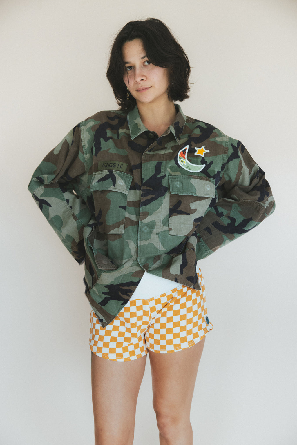 Wings Hawaii La Sirena mermaid army jacket. Handcrafted in Maui. Upcycled and hand-sewn with vintage aloha fabric. Small batch, sustainable fashion handmade in Hawaii.