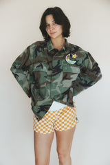 Wings Hawaii La Sirena mermaid army jacket. Handcrafted in Maui. Upcycled and hand-sewn with vintage aloha fabric. Small batch, sustainable fashion handmade in Hawaii. thumbnail