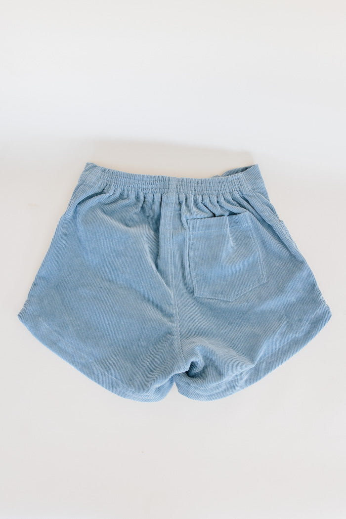 Wings Hawaii retro pocket shorts in light blue corduroy. Back pocket 
