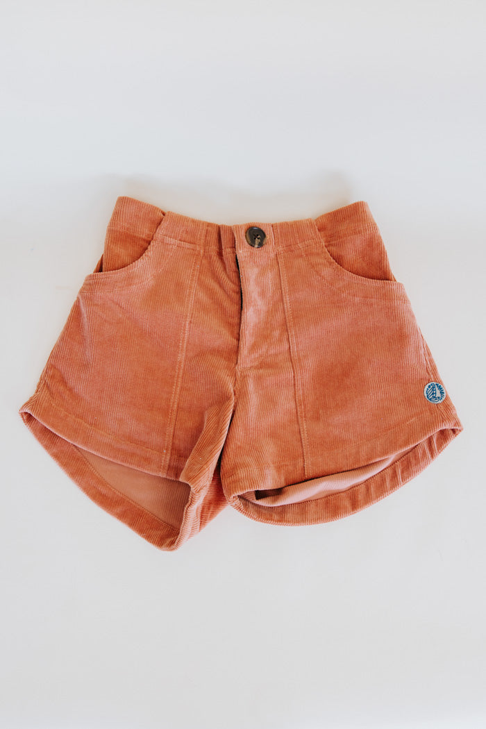 Wings Hawaii retro pocket shorts in coral orange corduroy. Front pockets
