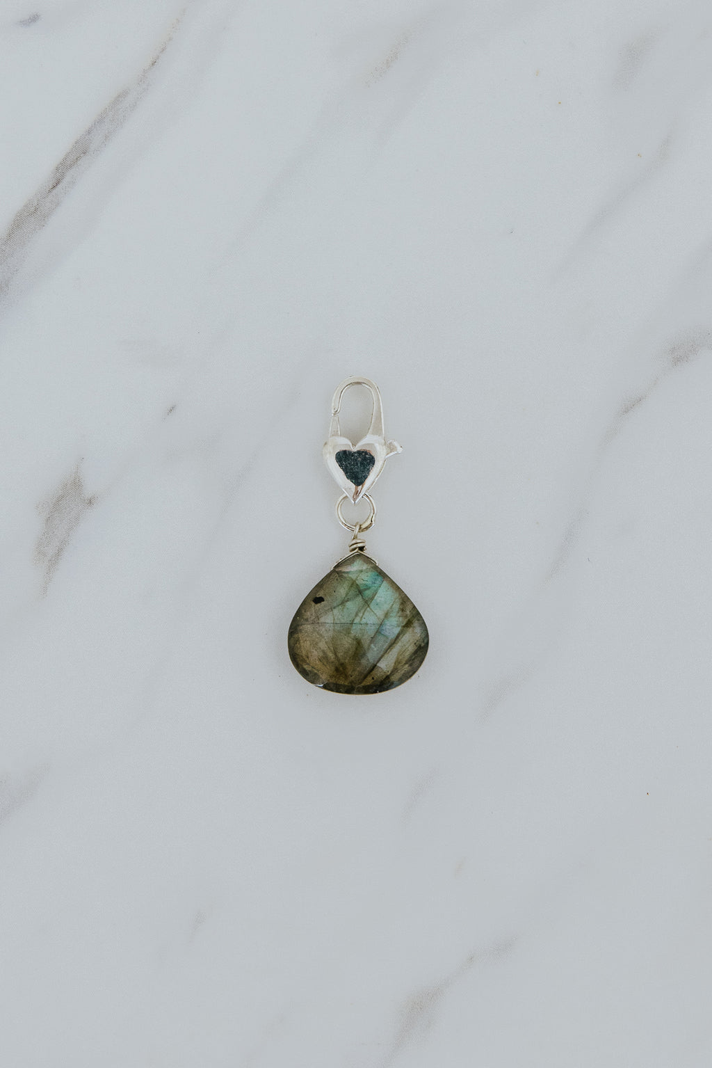 Wings Hawaii Labradorite necklace charm with heart-shaped clasp in sterling silver. Fine jewelry handcrafted in Maui. Charm Bar collection, modern charm necklaces made in Hawaii
