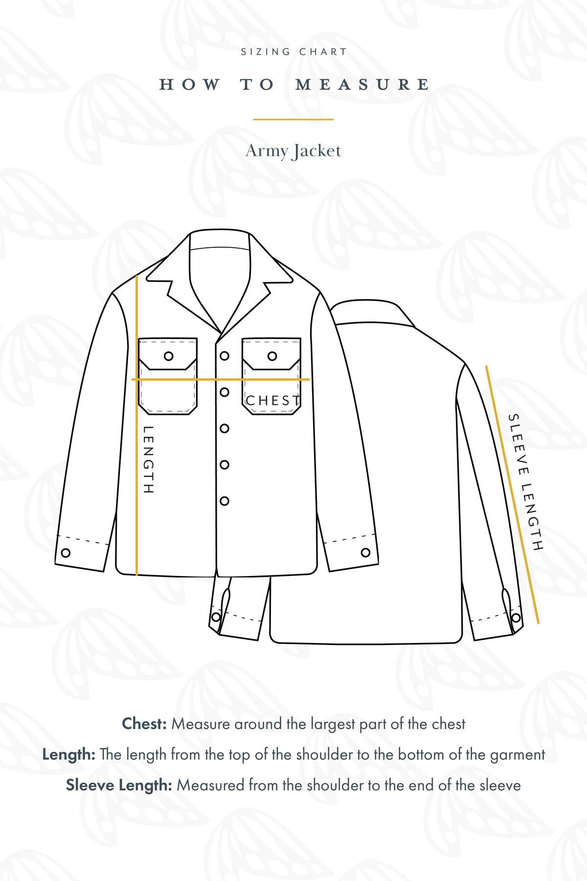 Wings Hawaii army jacket measurement guide sizing chart