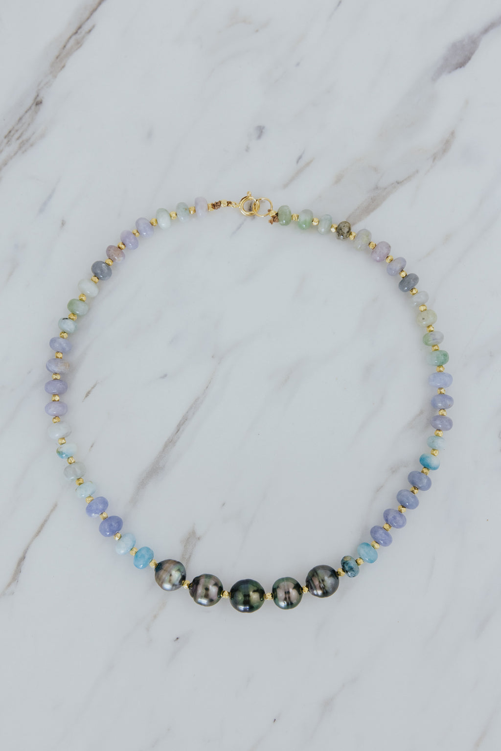 Wings Hawaii Afghanite and Tahitian Pearl beaded necklace. Fine jewelry gifts handcrafted in Maui. 