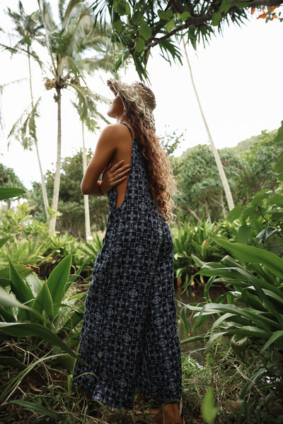 Aloha Print Overalls - Navy Quilted Ulu