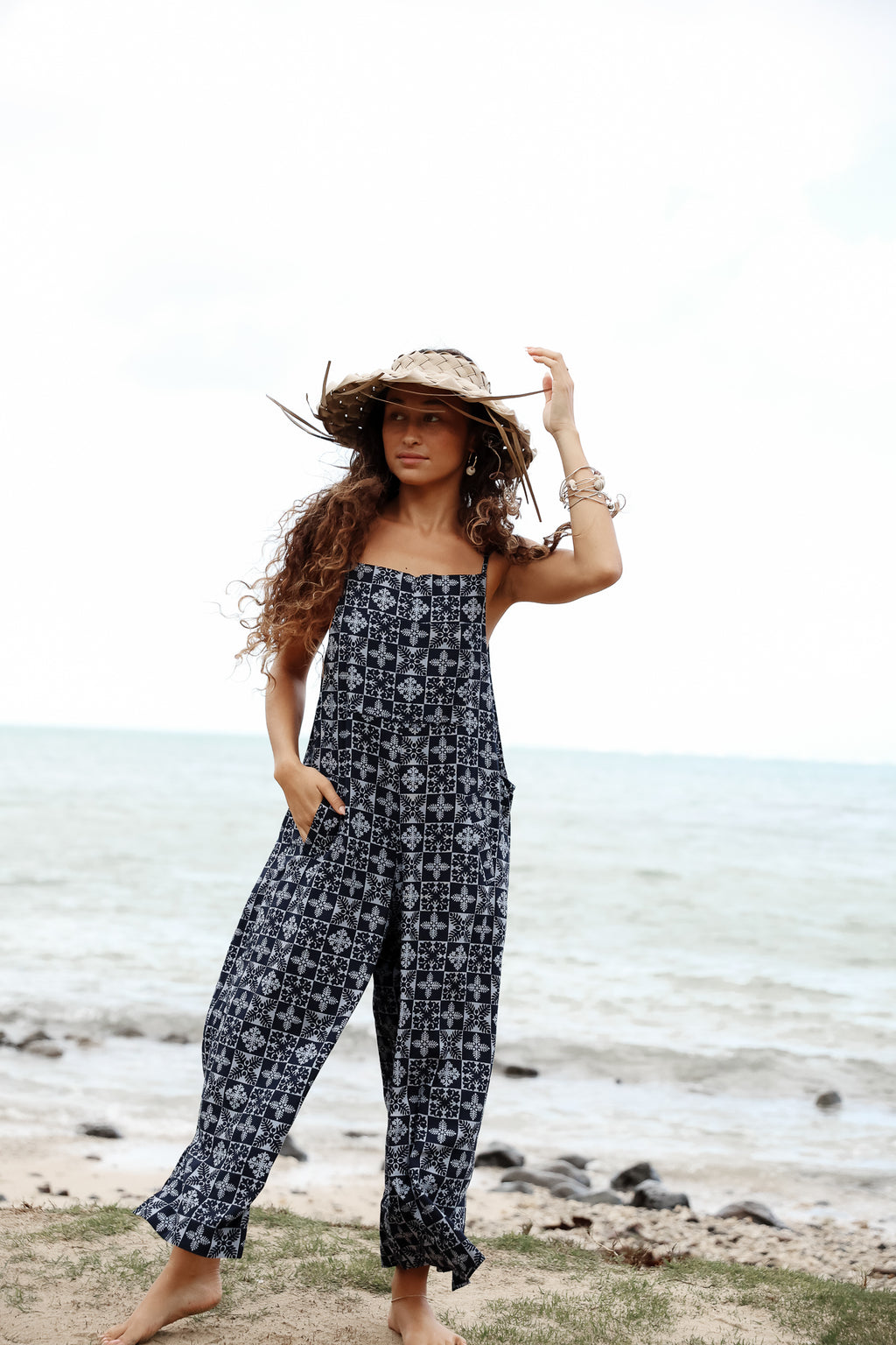 Aloha Print Overalls - Navy Quilted Ulu