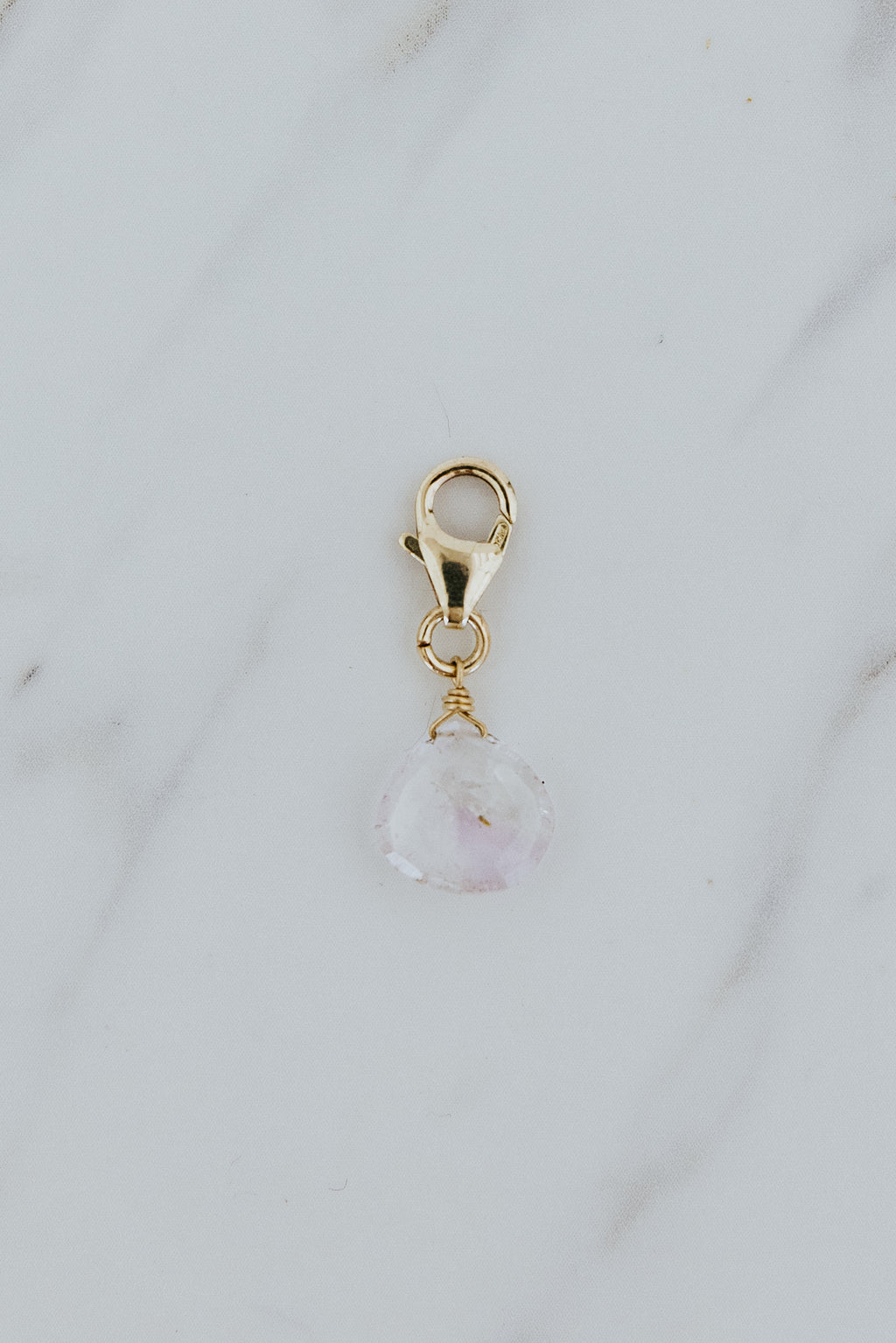 Wings Hawaii Kunzite clasp-on necklace charm in 14k yellow gold-fill. Fine jewelry handcrafted in Maui. Modern, beachy boho chic charm necklaces made in Hawaii