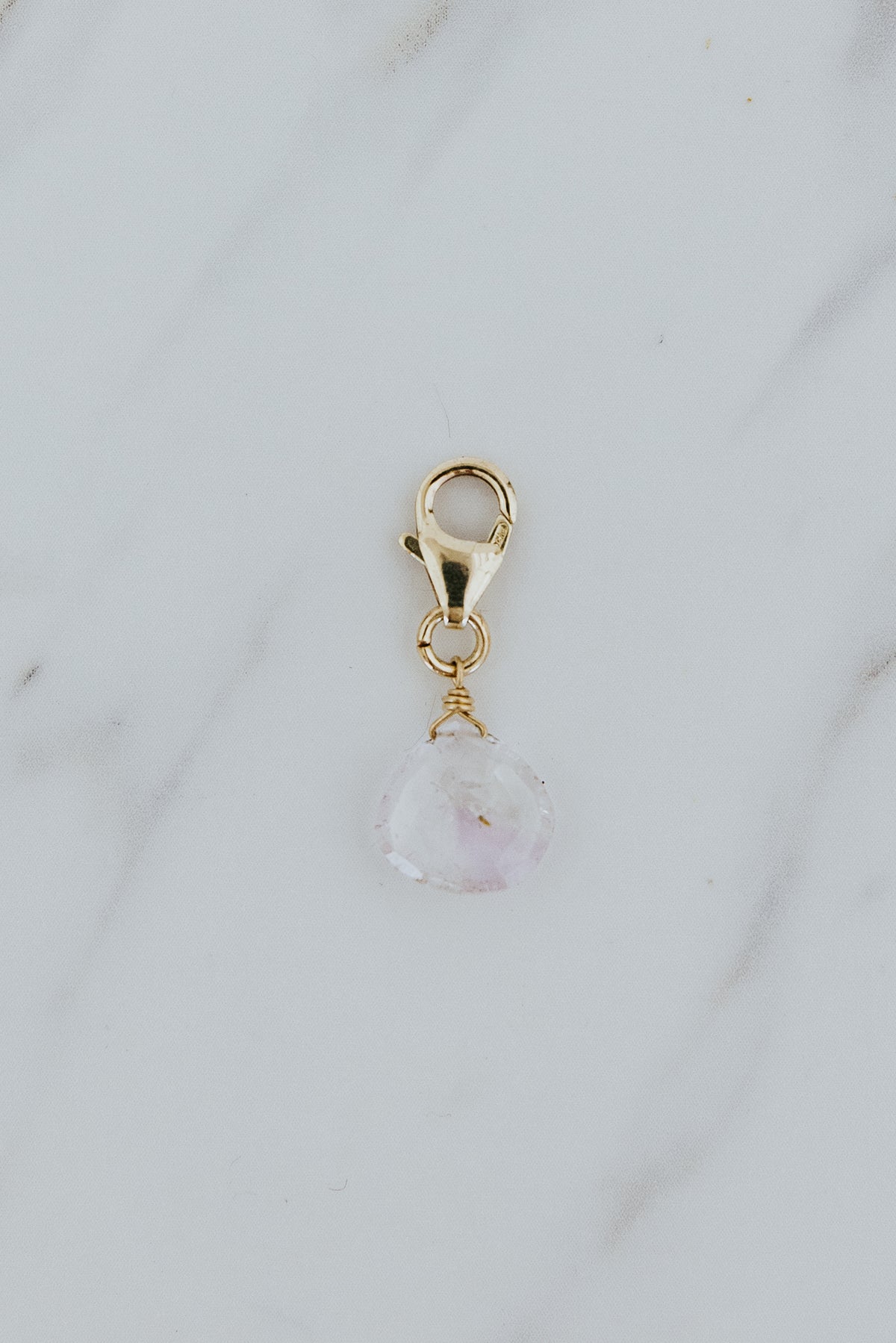 Wings Hawaii Kunzite clasp-on necklace charm in 14k yellow gold-fill. Fine jewelry handcrafted in Maui. Modern, beachy boho chic charm necklaces made in Hawaii
