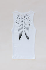 Wings Hawaii White Wing Tank. Angel wings in black print on white cotton tank top. Screenprinted by hand in Haiku, Maui. Original, sustainable, slow fashion made in Hawaii.  thumbnail