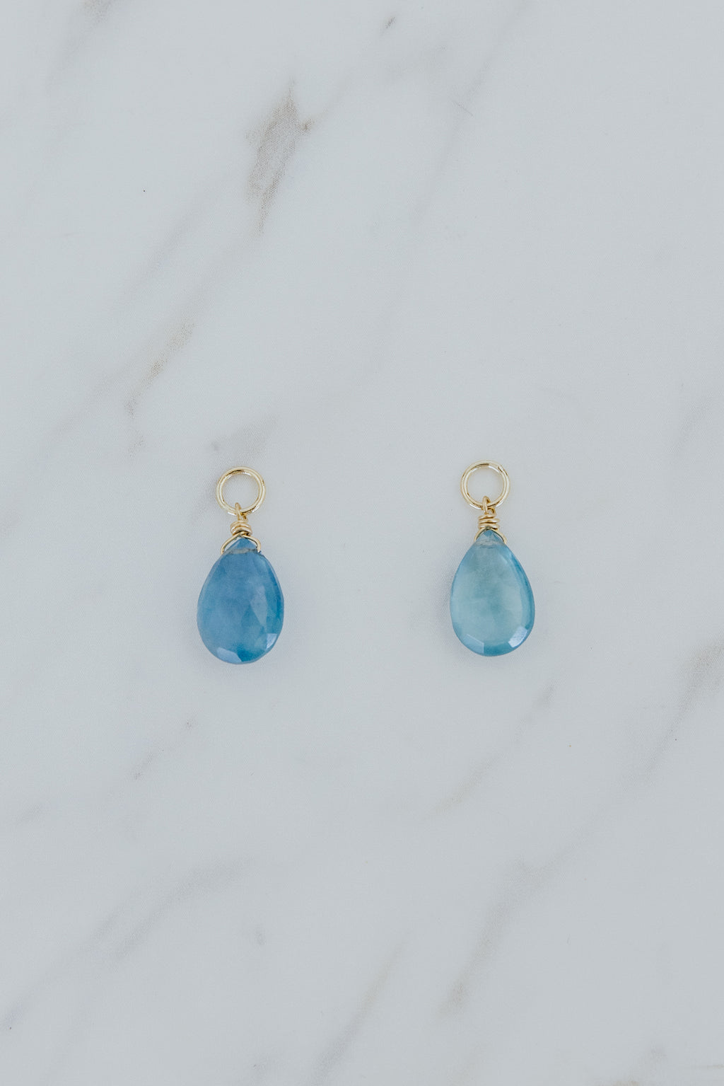 Wings Hawaii faceted aquamarine earring charms in 14k gold fill. Fine jewelry handmade in Maui. Modern, elevated charm earrings to mix, match, customize.