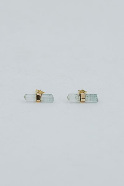 Wings Hawaii aqua tourmaline banded crystal stud earrings in 14k gold. Fine jewelry handcrafted in Maui. 