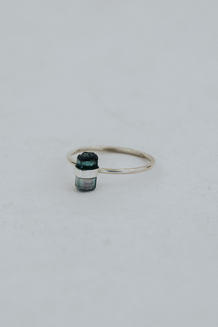 Banded Crystal Ring - Dark Teal Tourmaline- Sterling Silver