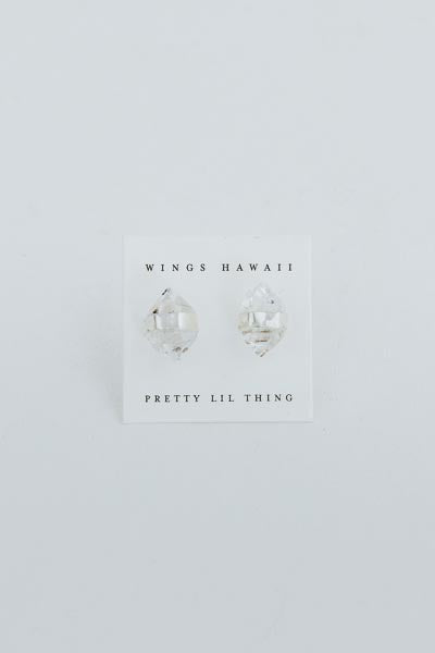 Wings Hawaii banded crystal stud earrings with Herkimer Diamonds in sterling silver. Fine jewelry handmade in Maui. 