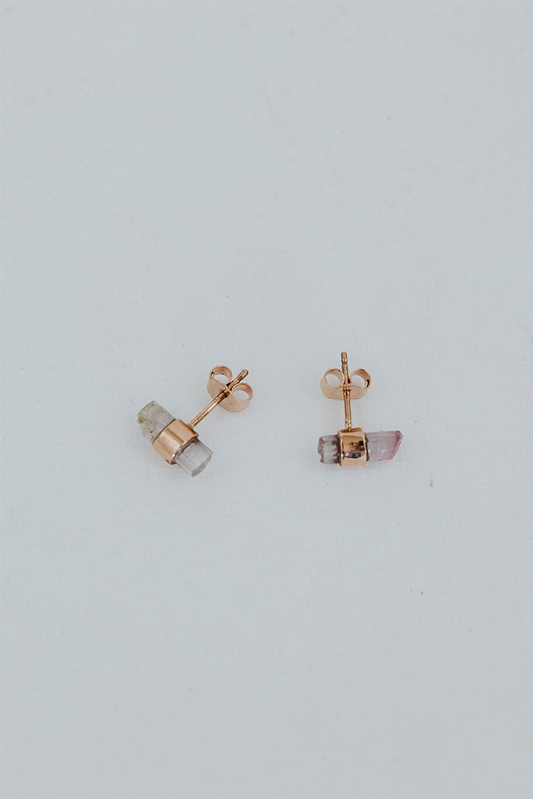 Banded Crystal Studs - Pink Tourmaline 14k Rose Gold