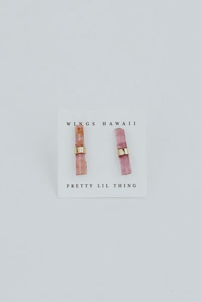 Wings Hawaii pink tourmaline banded crystal stud earrings in 14k gold. Fine jewelry handcrafted in Maui. 