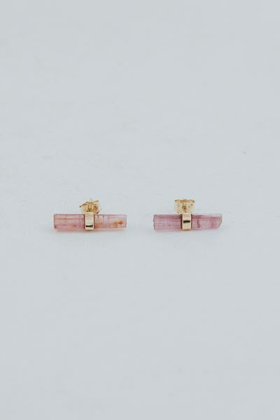 Wings Hawaii pink tourmaline banded crystal stud earrings in 14k gold. Fine jewelry handcrafted in Maui. 