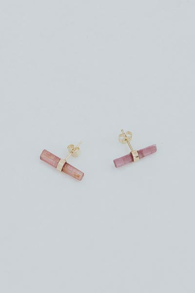 Wings Hawaii pink tourmaline banded crystal stud earrings in 14k gold. Fine jewelry handcrafted in Maui. 