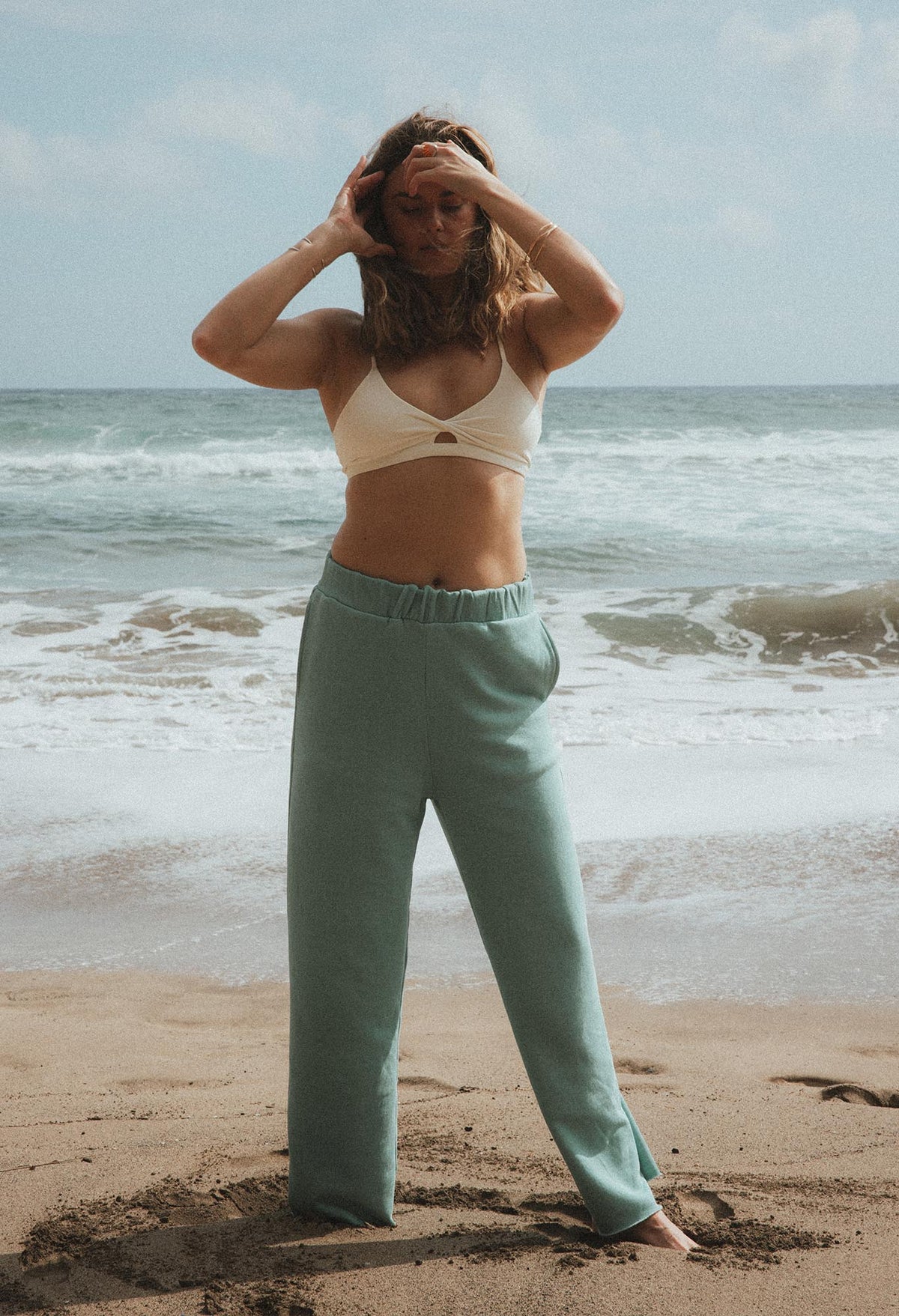 Wings Hawaii french terry Beach Pants in aqua. Cozy cotton stretchy waistband, wide leg, high rise, pockets. Original apparel designed in Maui and made in LA. Maui beach-inspired clothing for seaside living. 