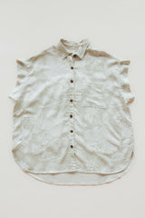 Wings Hawaii women's Short Sleeve Pocket Blouse in beige Hana Pearl muted aloha print. Designed in Maui, made in Bali. Elevated, chic aloha wear sustainably handcrafted in small batches.  thumbnail