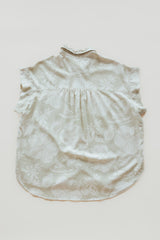 Wings Hawaii women's Short Sleeve Pocket Blouse in beige Hana Pearl muted aloha print. Designed in Maui, made in Bali. Elevated, chic aloha wear sustainably handcrafted in small batches.  thumbnail