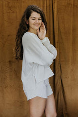 wings hawaii boxy long sleeve top in beige and cream stripes shown with matching pau hana shorts thumbnail