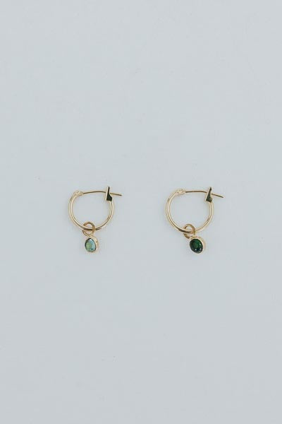 wings hawaii bezel set green tourmaline charms on clasping hoop earrings in 14k yellow gold 