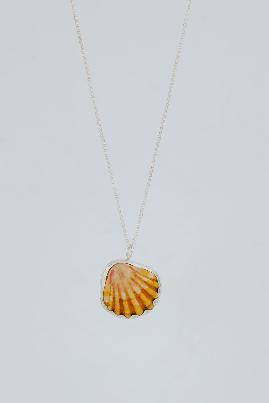 Wings Hawaii bezel-set Sunrise Shell necklace. Authentic, rare Hawaiian beach shell on sterling silver chain necklace. Fine jewelry handmade with aloha on Maui. One of a kind gifts made in Hawaii.