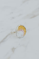 Wings Hawaii bezel-set Sunrise Shell ring bezel-set in sterling silver. Authentic, rare Hawaiian beach shell. Fine jewelry handmade with aloha on Maui. One of a kind gifts made in Hawaii. thumbnail