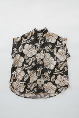 Wings Hawaii Short Sleeve Pocket Blouse in Hana Nightfall. Black and beige tropical Hawaiian print. Designed in Maui, sewn in Bali. Small batch, sustainable apparel. Modern beach chic women's apparel from Hawaii.  thumbnail