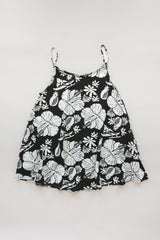 Wings Hawaii trapeze mini dress in Hana Nightfall black and beige aloha print. Designed in Maui, made in Bali. Small batch, sustainable, slow fashion.  thumbnail