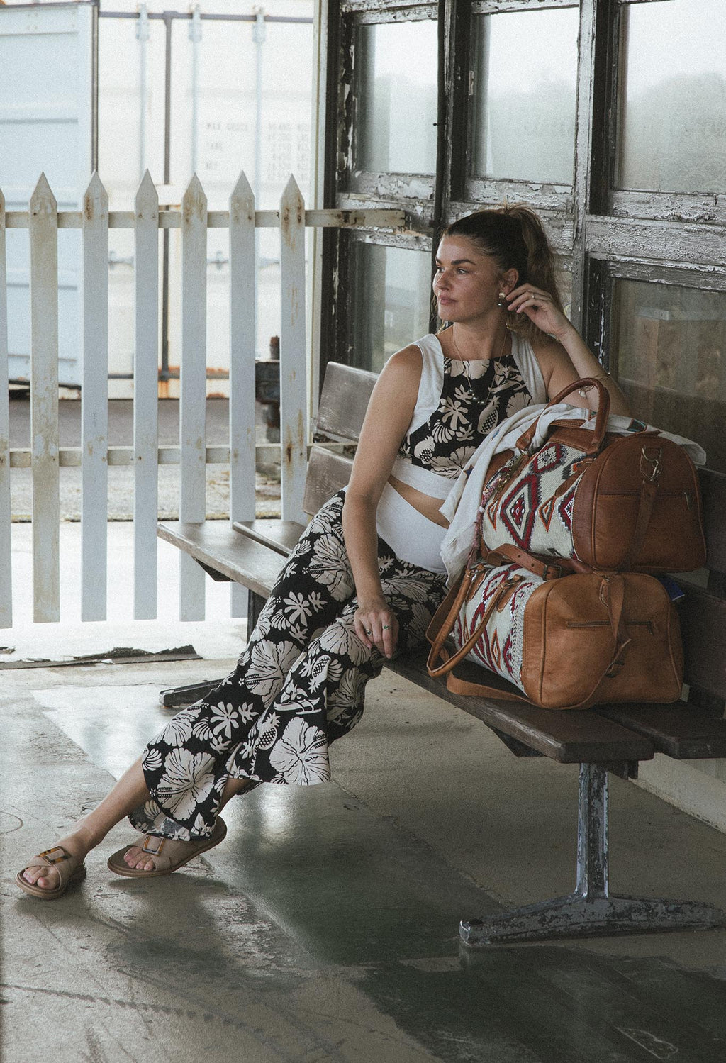 Wings Hawaii pinafore crop top and pau hana pants in Hana Nightfall. Black and tan aloha print clothing handmade in Maui. 
