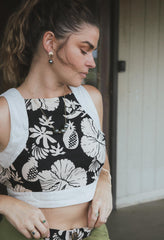 Wings Hawaii pinafore crop top in Hana Nightfall. Black and tan aloha print clothing handmade in Maui. 