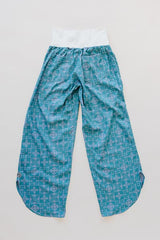 Wings Hawaii pau hana pants in quilted ulu and plumeria print in surf blue  thumbnail